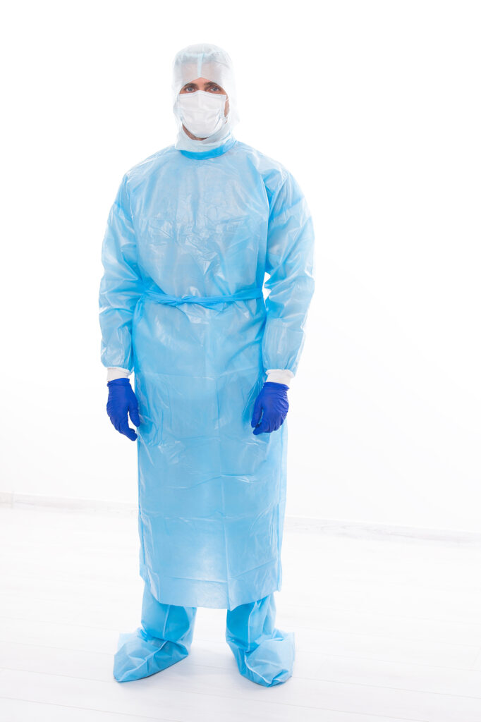 Call the doctor when you are sick. Frontline doctor in protective gear isolated on white Call the doctor when you are sick. Frontline doctor in protective gear isolated on white. Fighting against COVID-19 disease. Practice during coronavirus pandemic. SARS-CoV-2 epidemic. Intensive care.