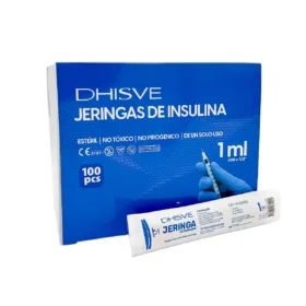 Jeringa de insulina U-100 de 1 mL, estéril y desechable. Cuenta con aguja fija de 30G x 1/2" para una inyección cómoda y sin desperdicio de medicación. Paquete de 100 unidades.