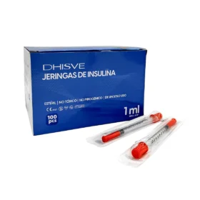 Jeringa de insulina U-100 de 1 mL, estéril y desechable. Cuenta con aguja fija de 30G x 1/2" para una inyección cómoda y sin desperdicio de medicación. Paquete de 100 unidades.