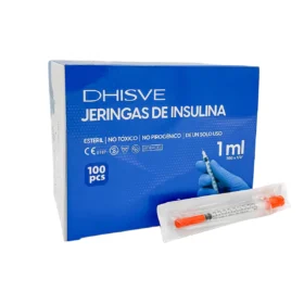 Jeringa de insulina U-100 de 1 mL, estéril y desechable. Cuenta con aguja fija de 30G x 1/2" para una inyección cómoda y sin desperdicio de medicación. Paquete de 100 unidades.