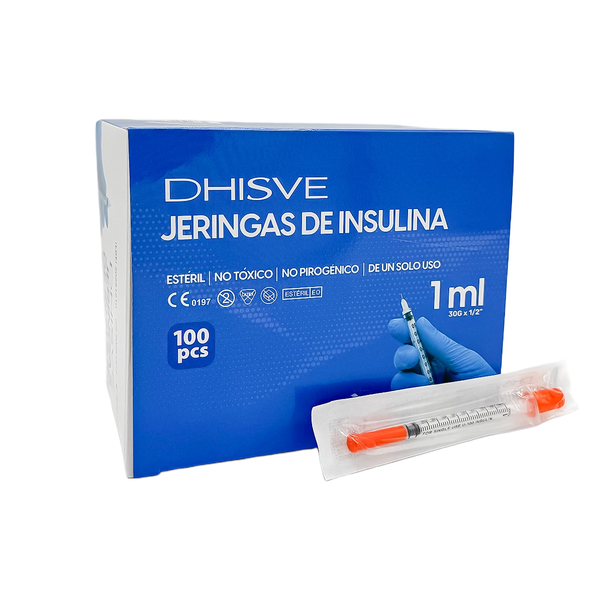 Jeringa de insulina U-100 de 1 mL, estéril y desechable. Cuenta con aguja fija de 30G x 1/2" para una inyección cómoda y sin desperdicio de medicación. Paquete de 100 unidades.
