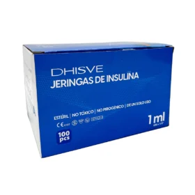 Jeringa de insulina U-100 de 1 mL, estéril y desechable. Cuenta con aguja fija de 30G x 1/2" para una inyección cómoda y sin desperdicio de medicación. Paquete de 100 unidades.