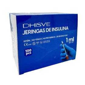Jeringa de insulina U-100 de 1 mL, estéril y desechable. Cuenta con aguja fija de 30G x 1/2" para una inyección cómoda y sin desperdicio de medicación. Paquete de 100 unidades.