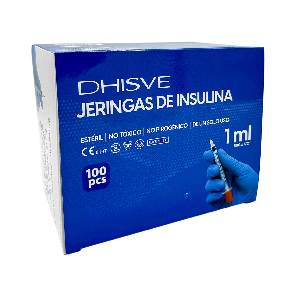 Jeringa de insulina U-100 de 1 mL, estéril y desechable. Cuenta con aguja fija de 30G x 1/2" para una inyección cómoda y sin desperdicio de medicación. Paquete de 100 unidades.