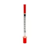 Jeringa de insulina U-100 de 1 mL, estéril y desechable. Cuenta con aguja fija de 30G x 1/2" para una inyección cómoda y sin desperdicio de medicación. Paquete de 100 unidades.