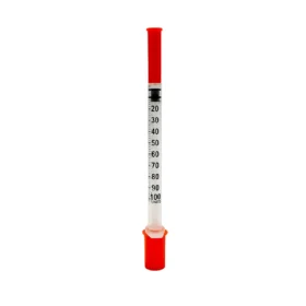 Jeringa de insulina U-100 de 1 mL, estéril y desechable. Cuenta con aguja fija de 30G x 1/2" para una inyección cómoda y sin desperdicio de medicación. Paquete de 100 unidades.