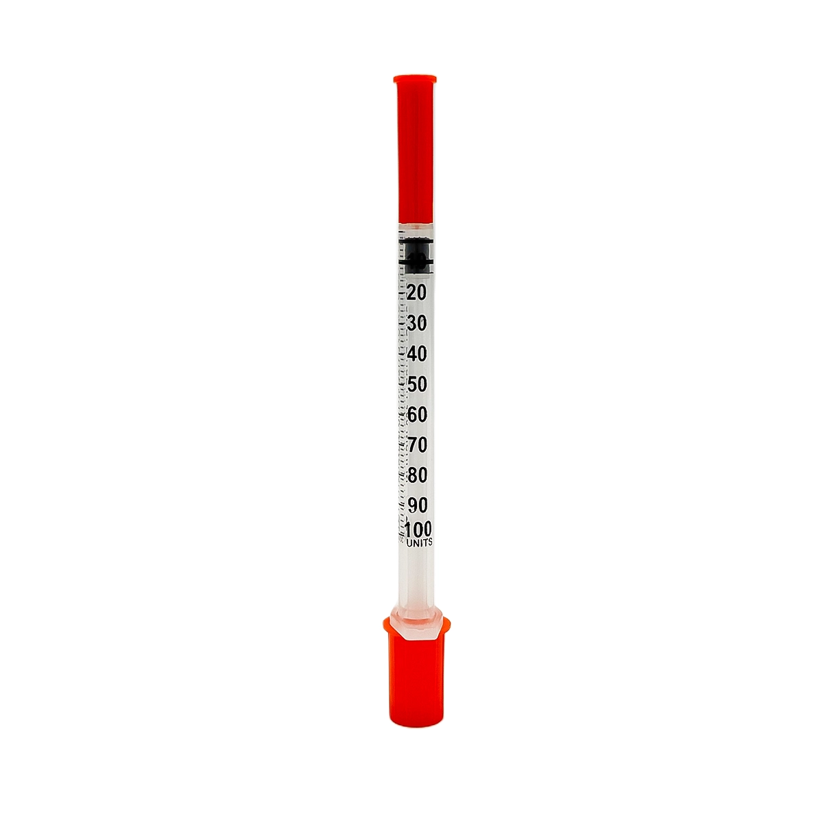 Jeringa de insulina U-100 de 1 mL, estéril y desechable. Cuenta con aguja fija de 30G x 1/2" para una inyección cómoda y sin desperdicio de medicación. Paquete de 100 unidades.