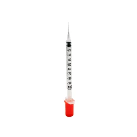 Jeringa de insulina U-100 de 1 mL, estéril y desechable. Cuenta con aguja fija de 30G x 1/2" para una inyección cómoda y sin desperdicio de medicación. Paquete de 100 unidades.