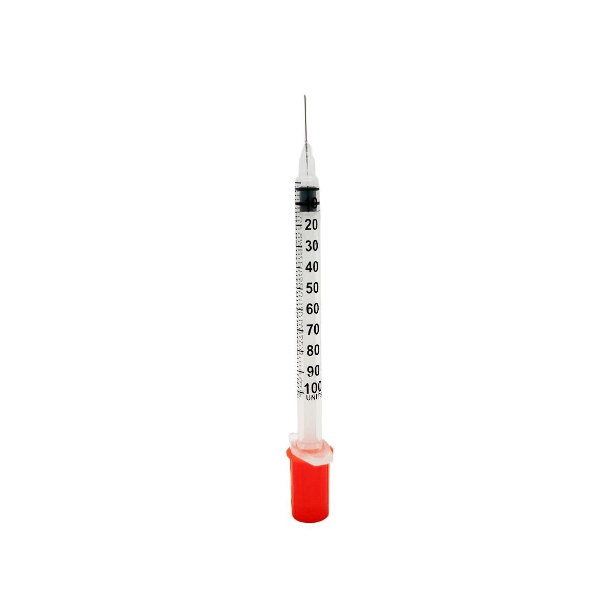 Jeringa de insulina U-100 de 1 mL, estéril y desechable. Cuenta con aguja fija de 30G x 1/2" para una inyección cómoda y sin desperdicio de medicación. Paquete de 100 unidades.