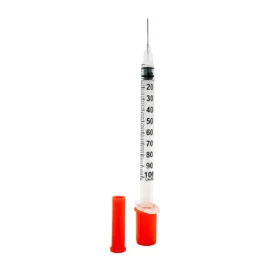 Jeringa de insulina U-100 de 1 mL, estéril y desechable. Cuenta con aguja fija de 30G x 1/2" para una inyección cómoda y sin desperdicio de medicación. Paquete de 100 unidades.