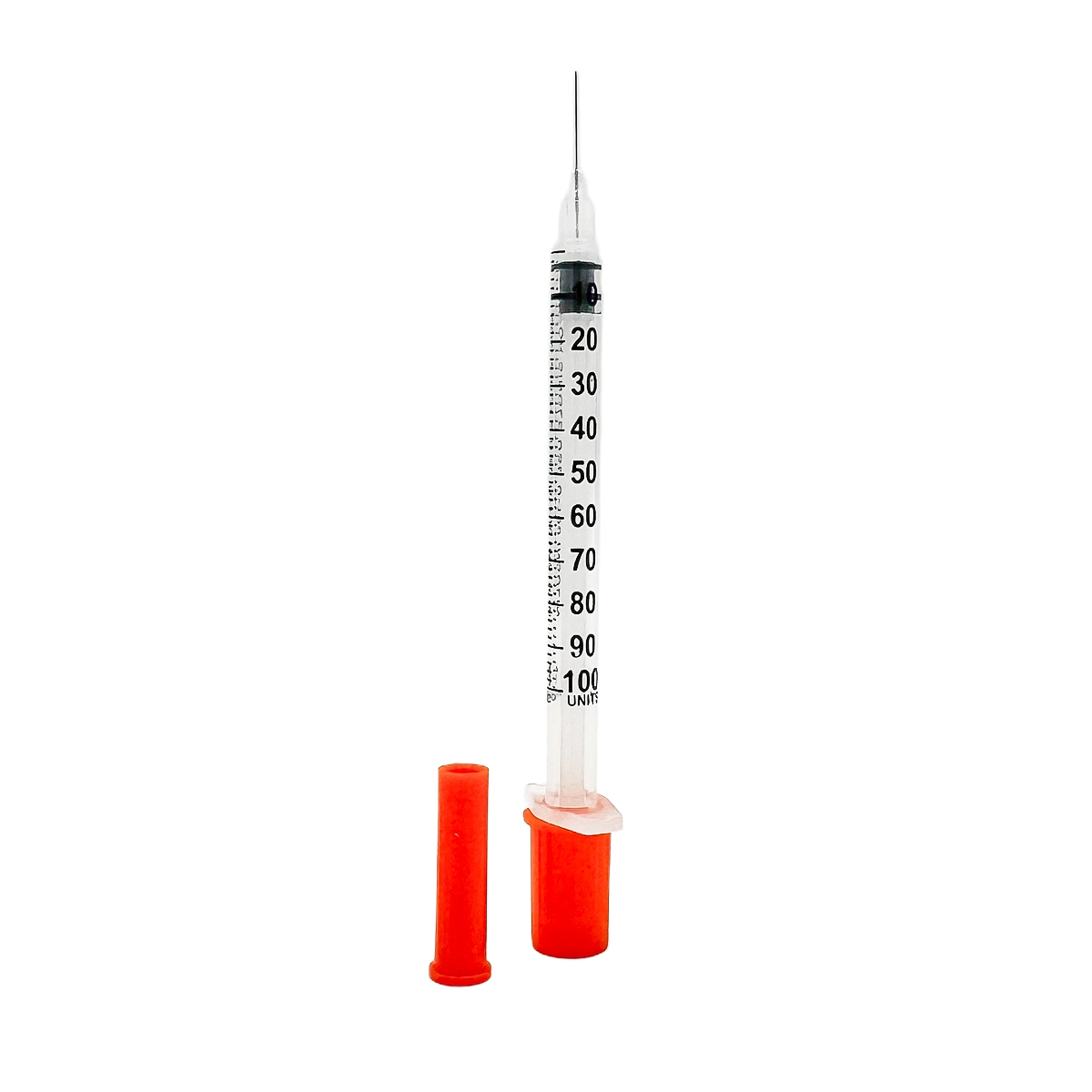 Jeringa de insulina U-100 de 1 mL, estéril y desechable. Cuenta con aguja fija de 30G x 1/2" para una inyección cómoda y sin desperdicio de medicación. Paquete de 100 unidades.